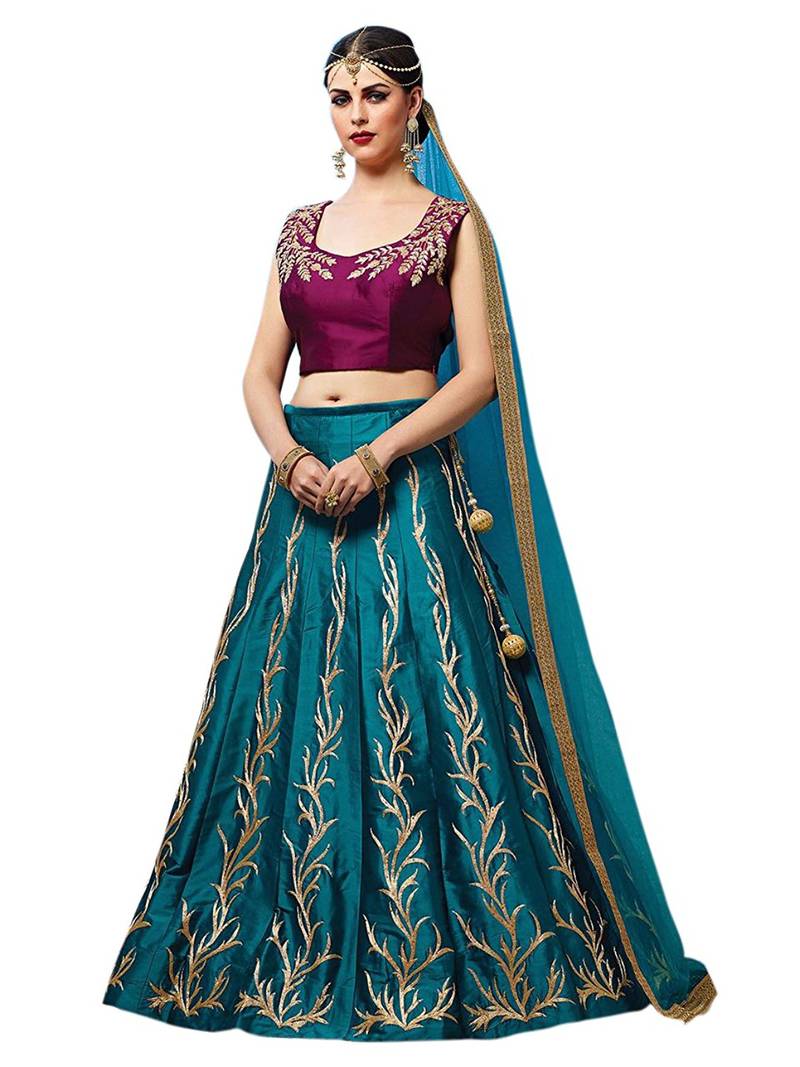 Dark-sky-blue embroidered silk unstitched lehenga