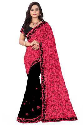 Pink embroidered georgette saree with blouse 1