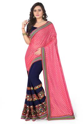 Pink Embroidered Georgette Saree With Lycra Pallu With Blouse Piece 1