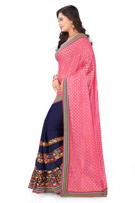 Pink Embroidered Georgette Saree With Lycra Pallu With Blouse Piece 3
