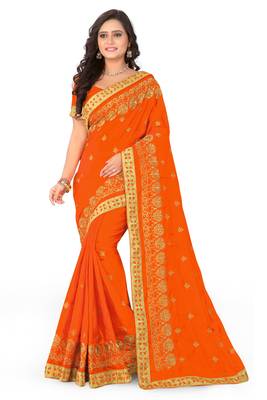 Orange Embroidered Silk Blend Saree With Blouse 1