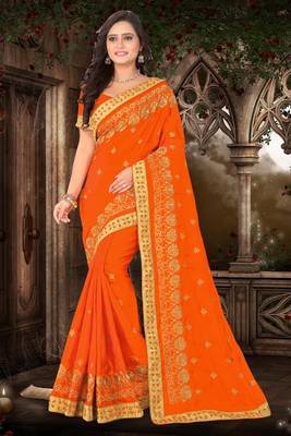 Orange Embroidered Silk Blend Saree With Blouse 2