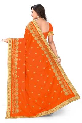 Orange Embroidered Silk Blend Saree With Blouse 3