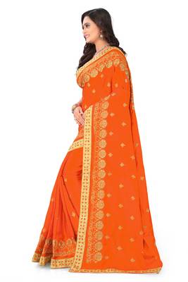 Orange Embroidered Silk Blend Saree With Blouse 4