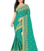 Green Embroidered Silk Blend Saree With Blouse