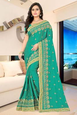 Green Embroidered Silk Blend Saree With Blouse 2