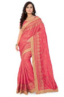Pink Embroidered Silk Blend Saree With Blouse