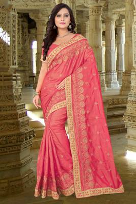 Pink Embroidered Silk Blend Saree With Blouse 2