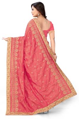 Pink Embroidered Silk Blend Saree With Blouse 3