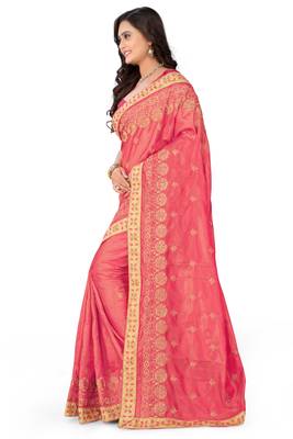 Pink Embroidered Silk Blend Saree With Blouse 4