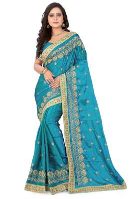 Blue Embroidered Silk Blend Saree With Blouse 1