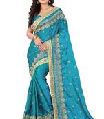 Blue Embroidered Silk Blend Saree With Blouse