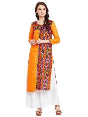 Orange printed cotton stitched kurti 1
