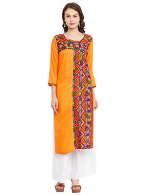 Orange printed cotton stitched kurti 2
