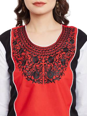Red embroidered cotton stitched kurti 5