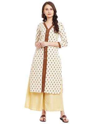 Cream printed cotton stitched kurti 1