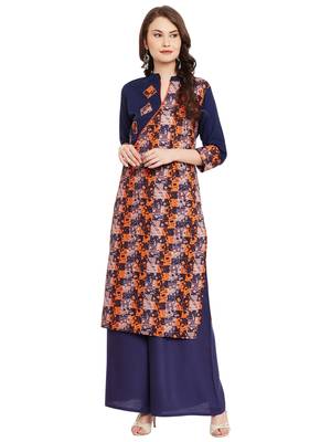 Navy blue printed cotton stitched kurti 1
