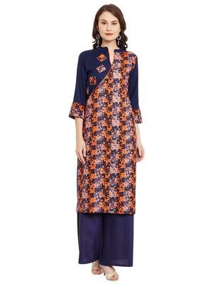 Navy blue printed cotton stitched kurti 2