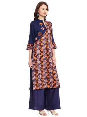Navy blue printed cotton stitched kurti 4