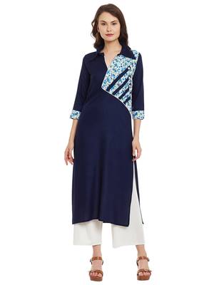 Navy blue printed viscose rayon stitched kurti 1