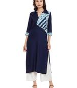 Navy blue printed viscose rayon stitched kurti