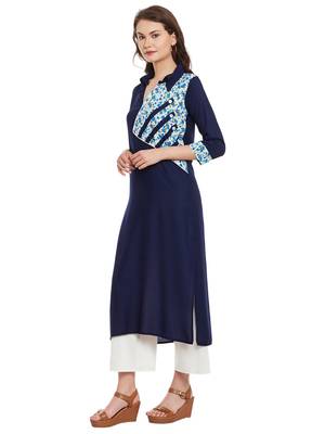 Navy blue printed viscose rayon stitched kurti 4