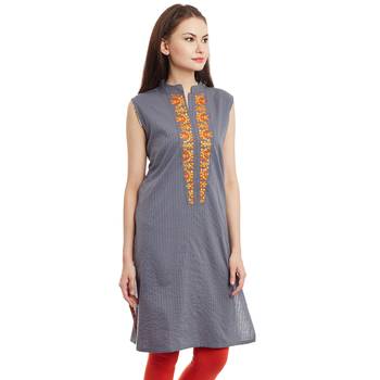 Grey plain cotton stitched kurti 3