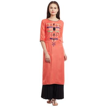 Peach embroidered viscose stitched kurti 1