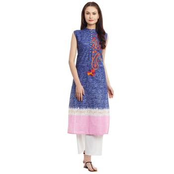 Navy blue embroidered cotton stitched kurti 1