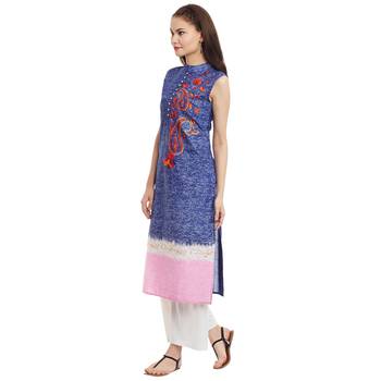 Navy blue embroidered cotton stitched kurti 2