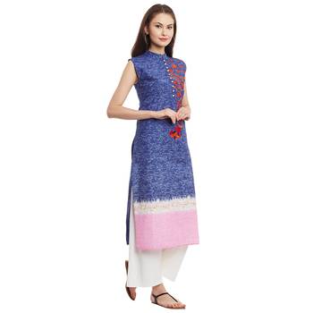 Navy blue embroidered cotton stitched kurti 3