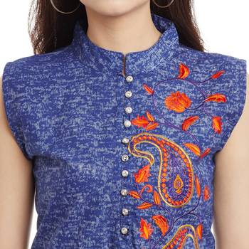 Navy blue embroidered cotton stitched kurti 5