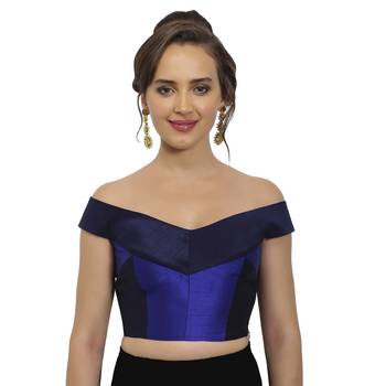 Navy and Cobalt Blue Raw Silk Off-Shoulder Readymade Blouse 1