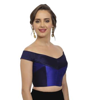 Navy and Cobalt Blue Raw Silk Off-Shoulder Readymade Blouse 3