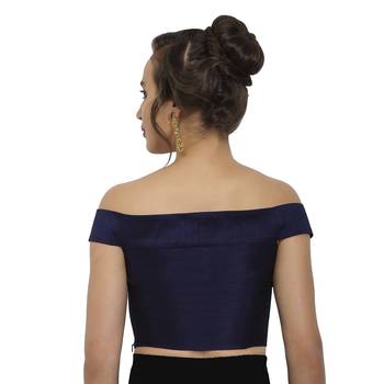 Navy and Cobalt Blue Raw Silk Off-Shoulder Readymade Blouse 4