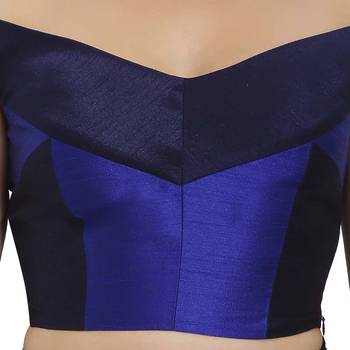 Navy and Cobalt Blue Raw Silk Off-Shoulder Readymade Blouse 5