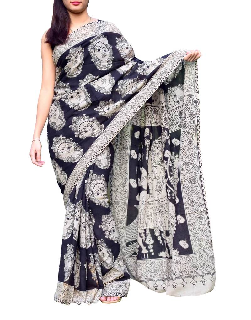 Giftpiper Kalamkari Saree In Cotton Black & Cream 1