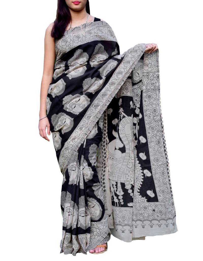 Giftpiper Kalamkari Saree In Cotton Black & Cream 2