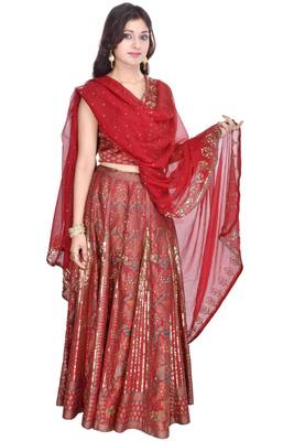 Red hand woven silk stitched lehenga 3