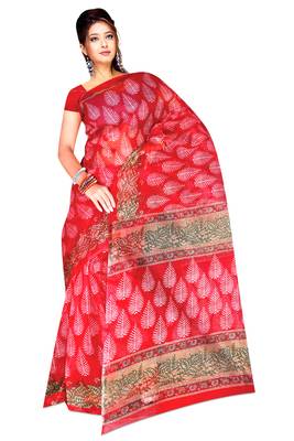 Red printed tissue  saree with blouse 1