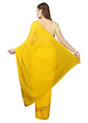 Yellow plain chiffon saree with blouse 2