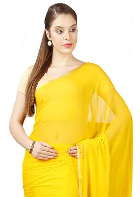 Yellow plain chiffon saree with blouse 3