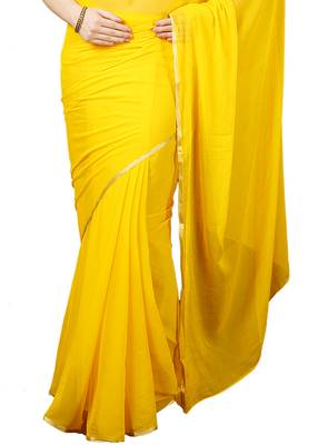 Yellow plain chiffon saree with blouse 4