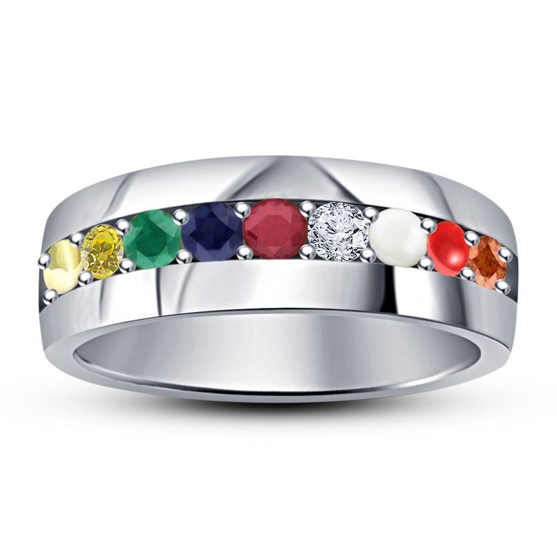 Fantastic Multi Color Navratna Stone 925 Sterling Silver White Platinum Plated Men's Ring