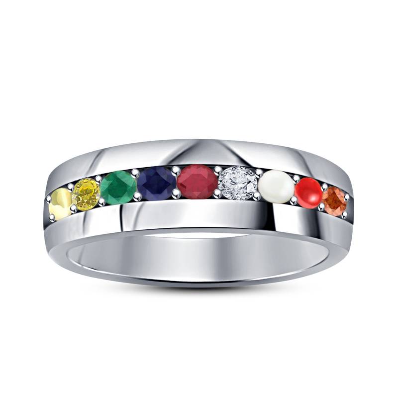Brilliant Round Cut Multi-Color Gemstone White Platinum Plated 925 Silver Navratna Ring