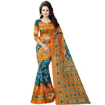 Yellow printed bhagalpuri silk saree with blouse 1