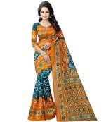Yellow printed bhagalpuri silk saree with blouse