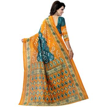 Yellow printed bhagalpuri silk saree with blouse 2