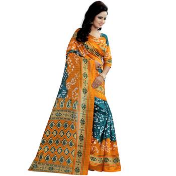 Yellow printed bhagalpuri silk saree with blouse 3