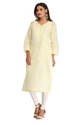 Ada Hand Embroidered Lucknow Chikankari Lemon Cotton Kurti - A227856 1